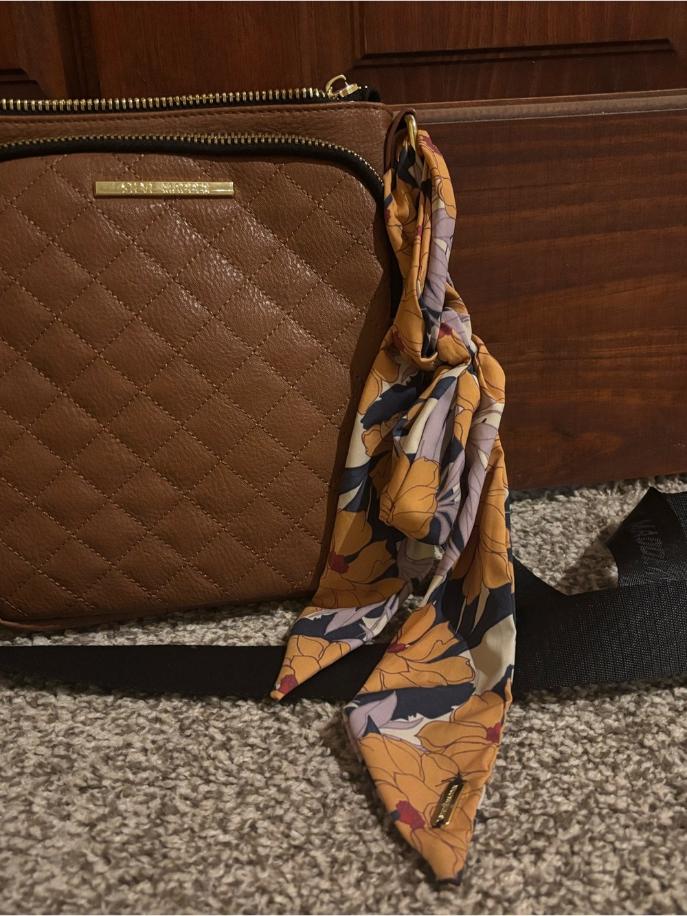 Steve Madden Quilted Brown Crossbody with Floral Scarf Accent